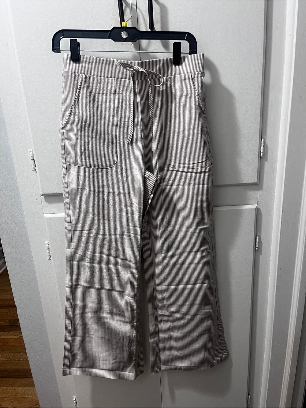 Beige Pinstripe Wide-Leg Drawstring Trousers - generous size S